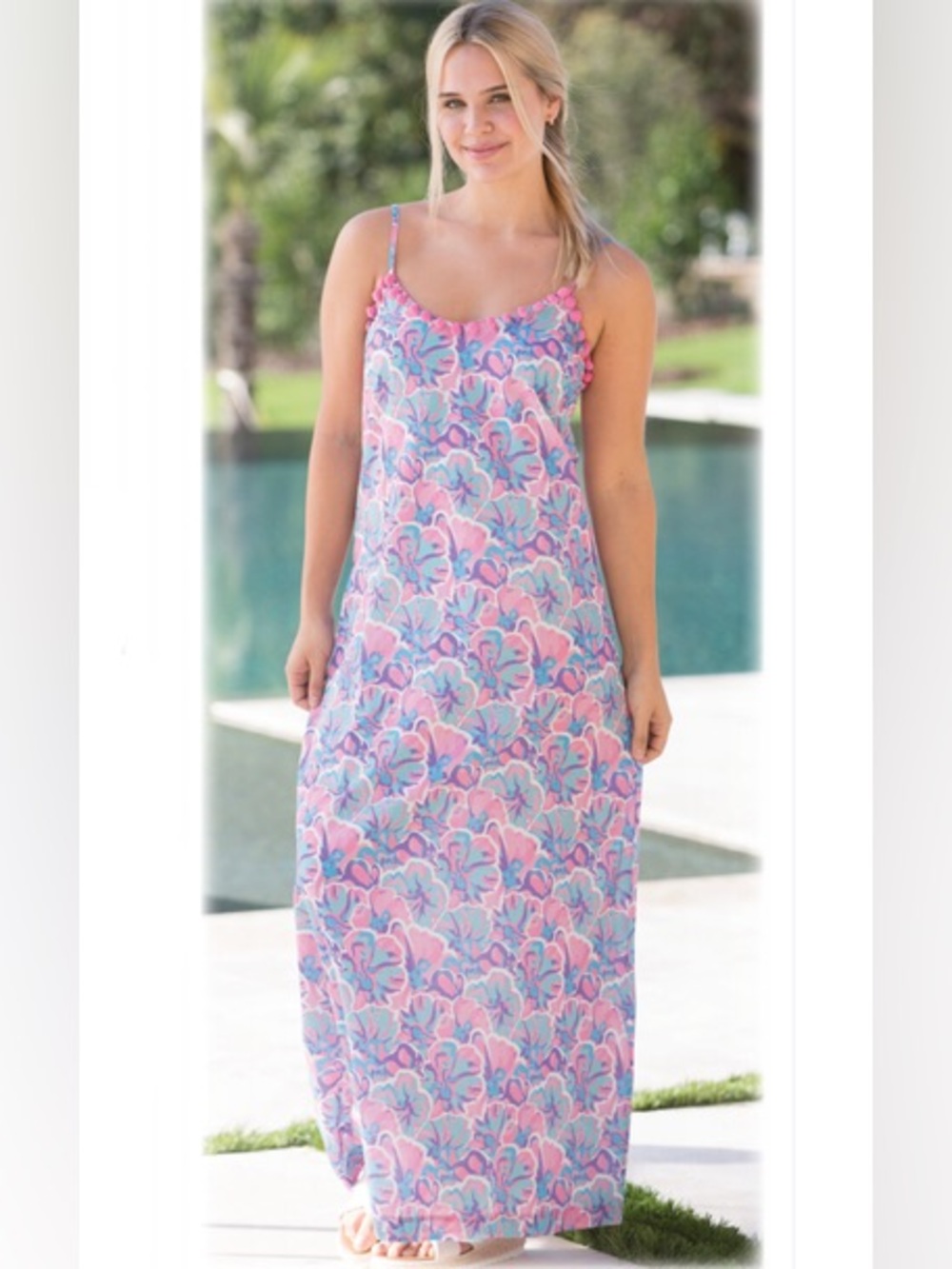 Simply Southern Floral Pom Trim Maxi Dress – Pink Teal Boho Sundress Size S